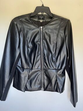 Tahari Black Faux Leather Zip-Front Jacket with Paneling Size Medium